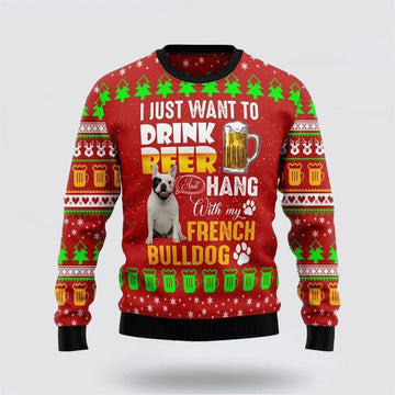 FUNSTUFFPRINT Drink Beer With French Bulldog Ugly Christmas Sweater For Men And Women, Gift For Christmas, Best Winter Christmas Outfit Ugly Sweater