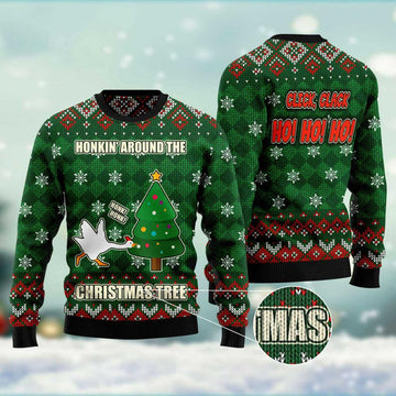 FUNSTUFFPRINT Duck Honkin Around Christmas Tree Ugly Christmas Sweater, Xmas Tree Sweater, Christmas Sweater Ugly Sweater
