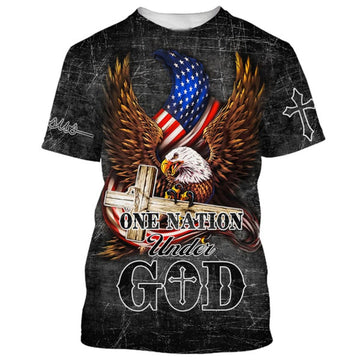 FUNSTUFFPRINT Eagle And Wooden Cross One Nation Under God Christian 3D T-shirt