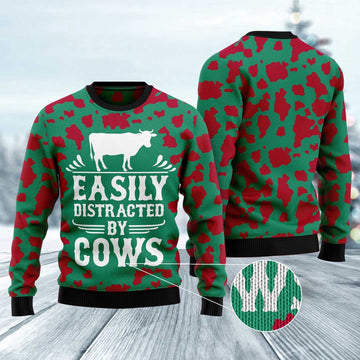 FUNSTUFFPRINT Easily Distracted By Cows Ugly Christmas Sweater, Christmas Sweater, Ugly Sweater, Funny Xmas Sweaters Ugly Sweater