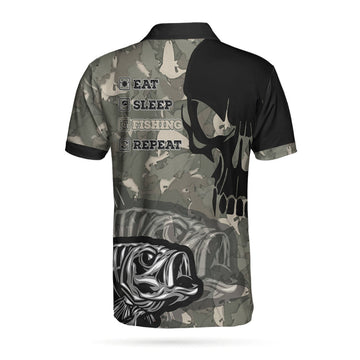 Fish Reaper Men Polo Shirt, Eat Sleep Fishing Repeat Skull Camouflage Polo Shirt, Camo Fishing Shirt For Men