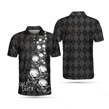 Elegant Argyle Pattern And Skull Golf Lover Polo Shirt, Black Skull Golf Shirt For Men