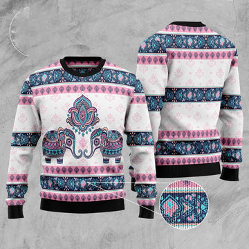 FUNSTUFFPRINT Elephant Mandala Ugly Christmas Sweater, Christmas Sweater, Ugly Sweater, Funny Xmas Sweaters Ugly Sweater