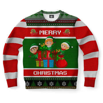 FUNSTUFFPRINT Elf And Gift Ugly Christmas Sweater, Christmas Sweater, Ugly Sweater, Funny Xmas Sweaters Ugly Sweater