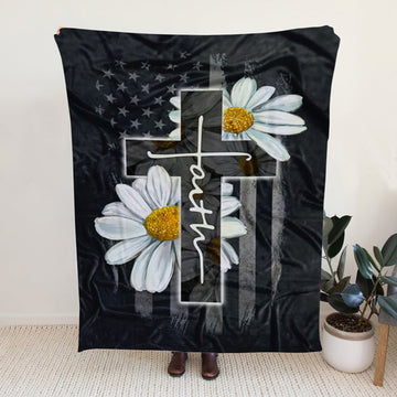 FUNSTUFFPRINT Sherpa Fleece Blanket - Faith Cross Daisy Christian Blanket