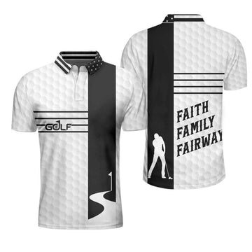 Faith Family Fairways American Flag Golf Polo Shirt, Black And White Golf Shirt For Men