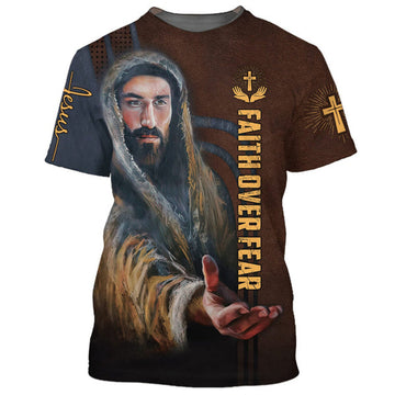 FUNSTUFFPRINT Faith Over Fear Christian Jesus Vertical Cross 3D All Over Printed Shirt for Men and Women 3D T-shirt
