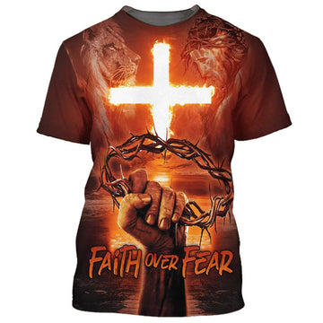 FUNSTUFFPRINT Faith Over Fear Crown Of Thorns Cross Fire 3D All Over Printed Shirt for Men and Women 3D T-shirt
