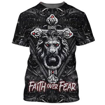 FUNSTUFFPRINT Faith Over Fear Gothic Lion Black 3D All Over Printed Shirt for Men and Women 3D T-shirt