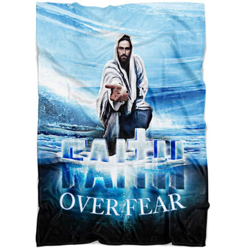 FUNSTUFFPRINT Faith Over Fear Jesus Hands Reaching Out Fleece Blanket - Christian Blanket - Bible Verse Blanket