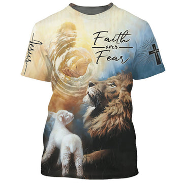 FUNSTUFFPRINT Faith Over Fear Jesus Lion Lamb 3D All Over Printed Shirt for Men and Women 3D T-shirt
