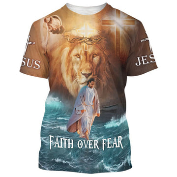 FUNSTUFFPRINT Faith Over Fear Lion Jesus Walking On The Water Christian 3D T-shirt