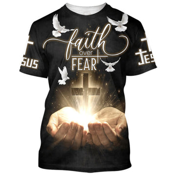 FUNSTUFFPRINT Faith Over Fear Shirts - Open Hands Holding A Cross Christian 3D T-shirt