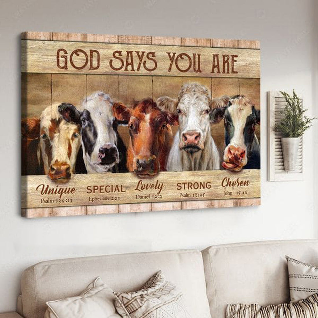Farm Cow, God Says You Are Unique Special Lovely Strong Chosen, Farmer Poster Poster and Canvas