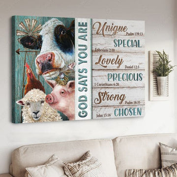 Farmer Poster, Sheep Pig Dairy Cow, God Says You Are Unique Special Lovely Precious Strong Chosen Forgiven, Wall Decor Poster and Canvas