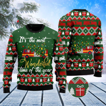 FUNSTUFFPRINT Firefighter Wonderful Time Ugly Christmas Sweater, Christmas Sweater, Ugly Sweater, Funny Xmas Sweaters Ugly Sweater