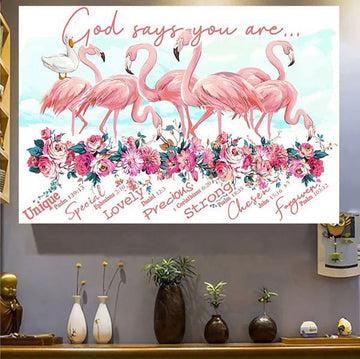 Flamingo Poster, Flamingo Lover, God Says You Are Lovely Precious Strong Special Poster and Canvas