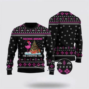 FUNSTUFFPRINT Flamingo Flocking Around The Christmas Tree Ugly Sweater - Christmas Gifts For Frends Ugly Sweater