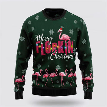 FUNSTUFFPRINT Flamingo Merry Flockin Christmas Ugly Christmas Sweater – Christmas Gifts For Frends Ugly Sweater