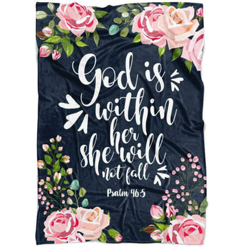 FUNSTUFFPRINT Floral God Is Within Her She Will Not Fall Psalm 465 Fleece Blanket - Christian Blanket - Bible Verse Blanket