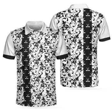 Floral Golf Pattern In White Polo Shirt, Black And White Polo Shirt, Floral Golf Shirt For Men