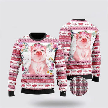 FUNSTUFFPRINT Floral Pink Piggy Ugly Christmas Sweater, Farm Sweater, Christmas Gift, Best Winter Outfit Christmas Ugly Sweater