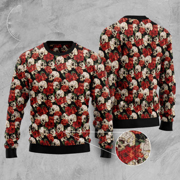 FUNSTUFFPRINT Floral Skull Ugly Christmas Sweater, Christmas Sweater, Ugly Sweater, Funny Xmas Sweaters Ugly Sweater