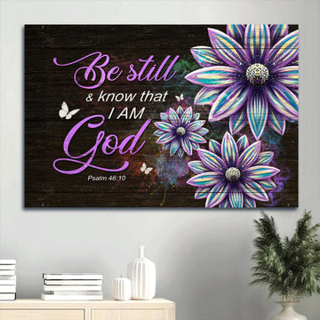 Flower Painting White Butterfly Bible Verse Be Still & Know That I Am God Canvas Wall Art - Christian Wall Decor