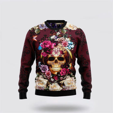 FUNSTUFFPRINT Flower Skull Ugly Christmas Sweater – Christmas Gifts For Frends Ugly Sweater