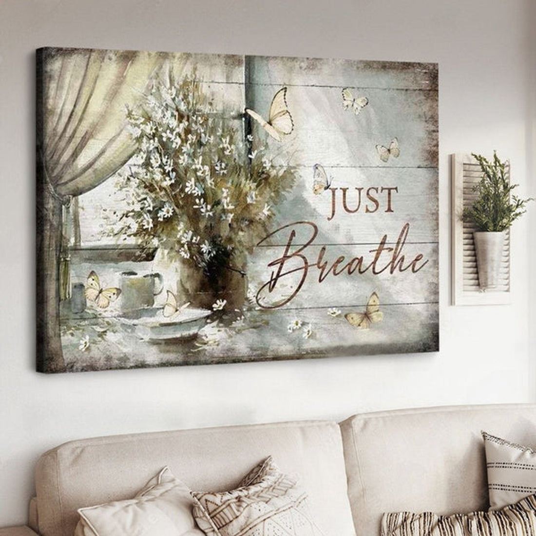 Flower Vase By The Window Vintage Painting Just Breathe Jesus Canvas Wall Art - Christian Poster - Religious Wall Decor