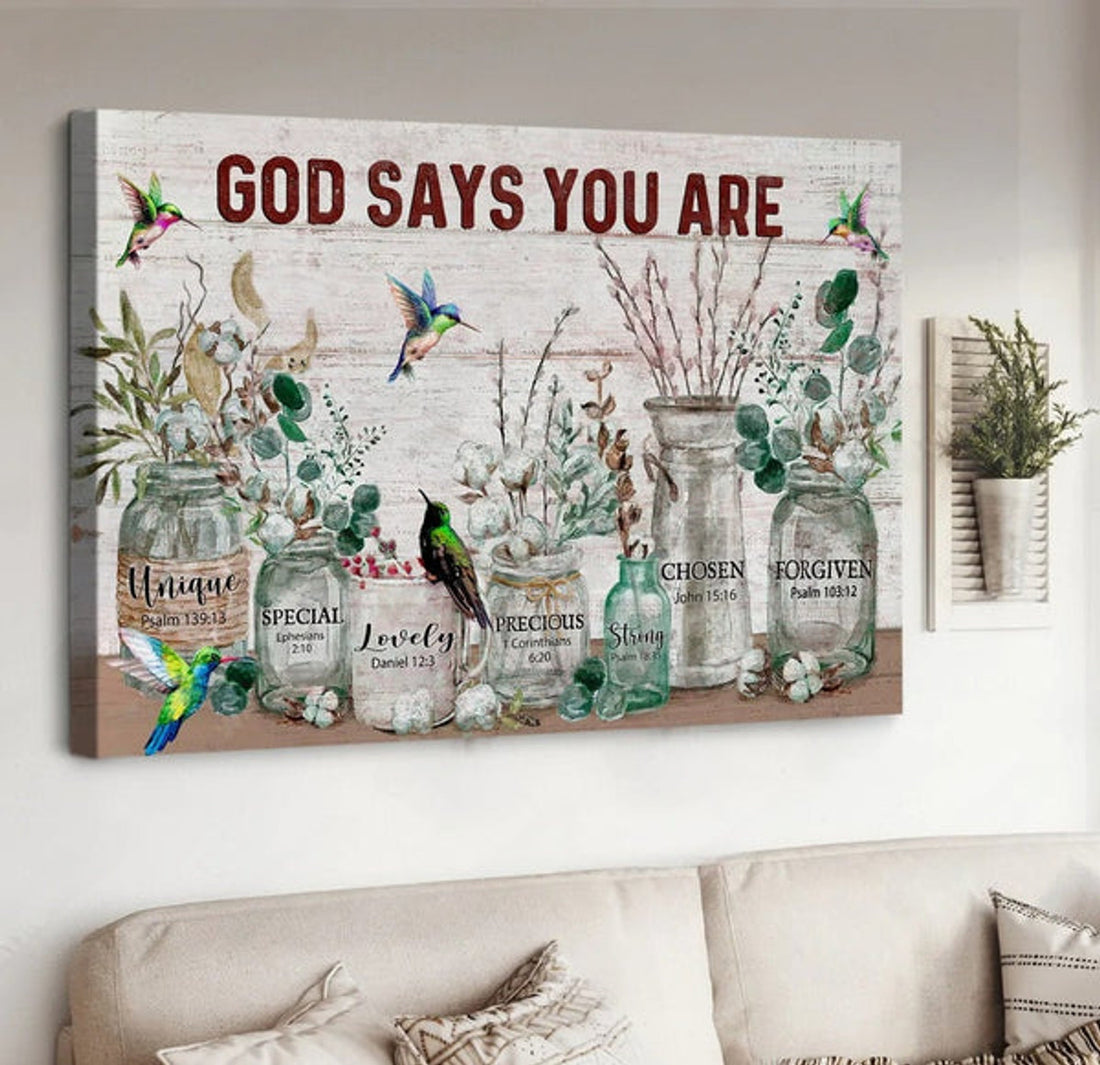 Flower Vintage Garden Hummingbird God Says You Are Unique Canvas Wall Art - Christian Poster - Religious Wall Decor
