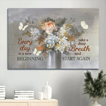 Flower White Butterfly Motivational Quote Every Day Is A New Beginning Canvas Wall Art - Christian Wall Decor