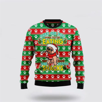FUNSTUFFPRINT French Bulldog See You Eating Snacks Ugly Christmas Sweater For Men And Women, Gift For Christmas, Best Winter Christmas Outfit Ugly Sweater