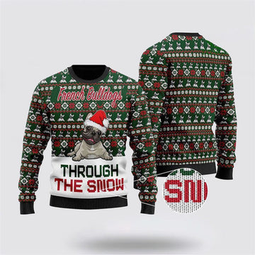 FUNSTUFFPRINT French Bulldogs Through The Snow Ugly Christmas Sweater For Men And Women, Gift For Christmas, Best Winter Christmas Outfit Ugly Sweater