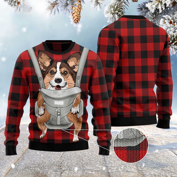 FUNSTUFFPRINT Front Carrier Dog Pembroke Welsh Corgi Ugly Christmas Sweater, Dog Ugly Christmas Sweater, Ugly Dog Sweaters Ugly Sweater