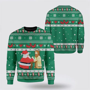 FUNSTUFFPRINT Funny Jesus & Santa Ugly Christmas Sweater For Men & Women – Gifts For Christians Ugly Sweater