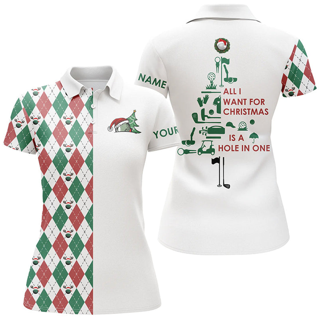 Custom Funny Christmas Tree Womens Golf Polo Shirt All I Want For Christmas Is A Hole In One Custom Golf Gift