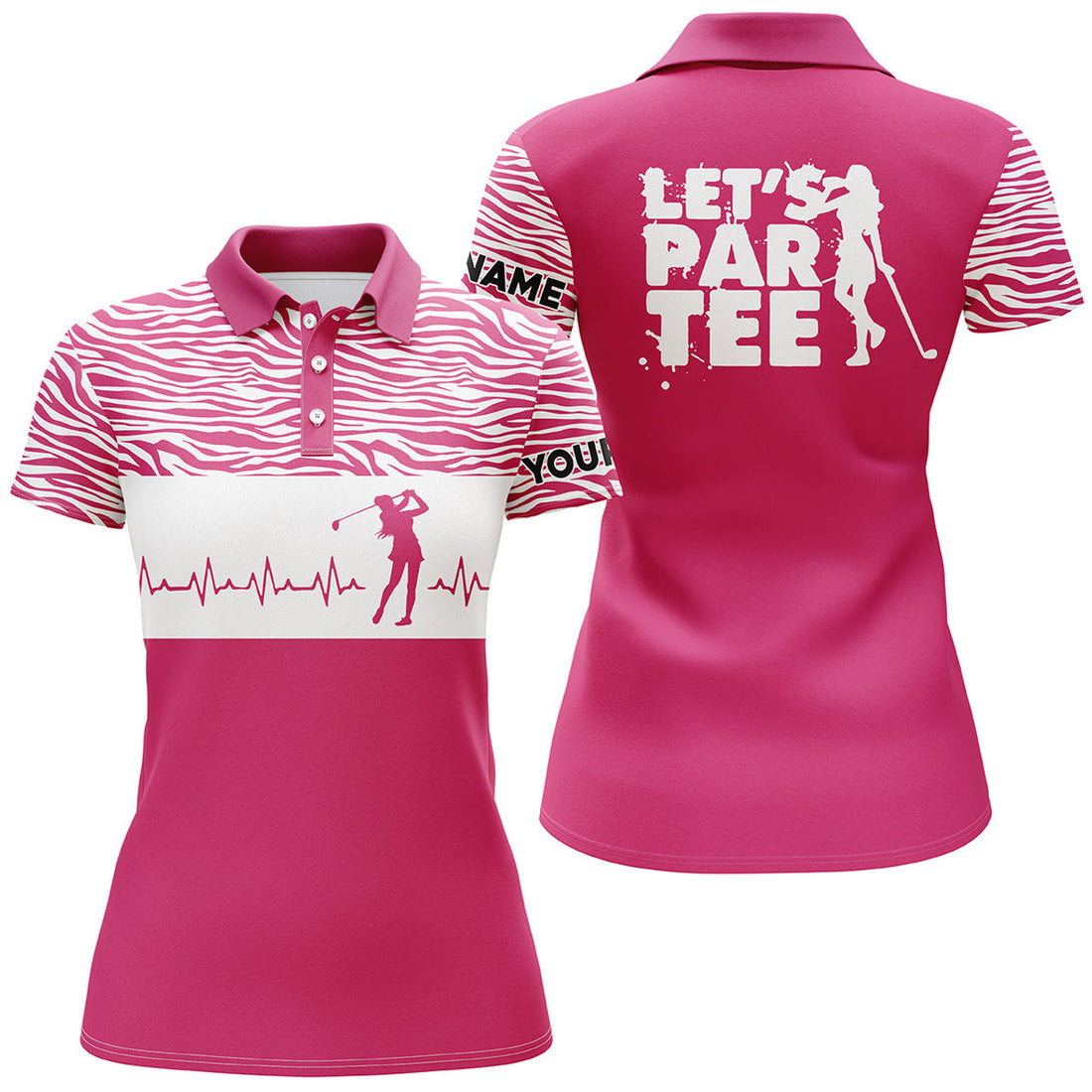Custom Funny Pink Womens Golf Polo Shirt Let's Par Tee Golf Heartbeat Custom Name Womens Golf Gift Ideas