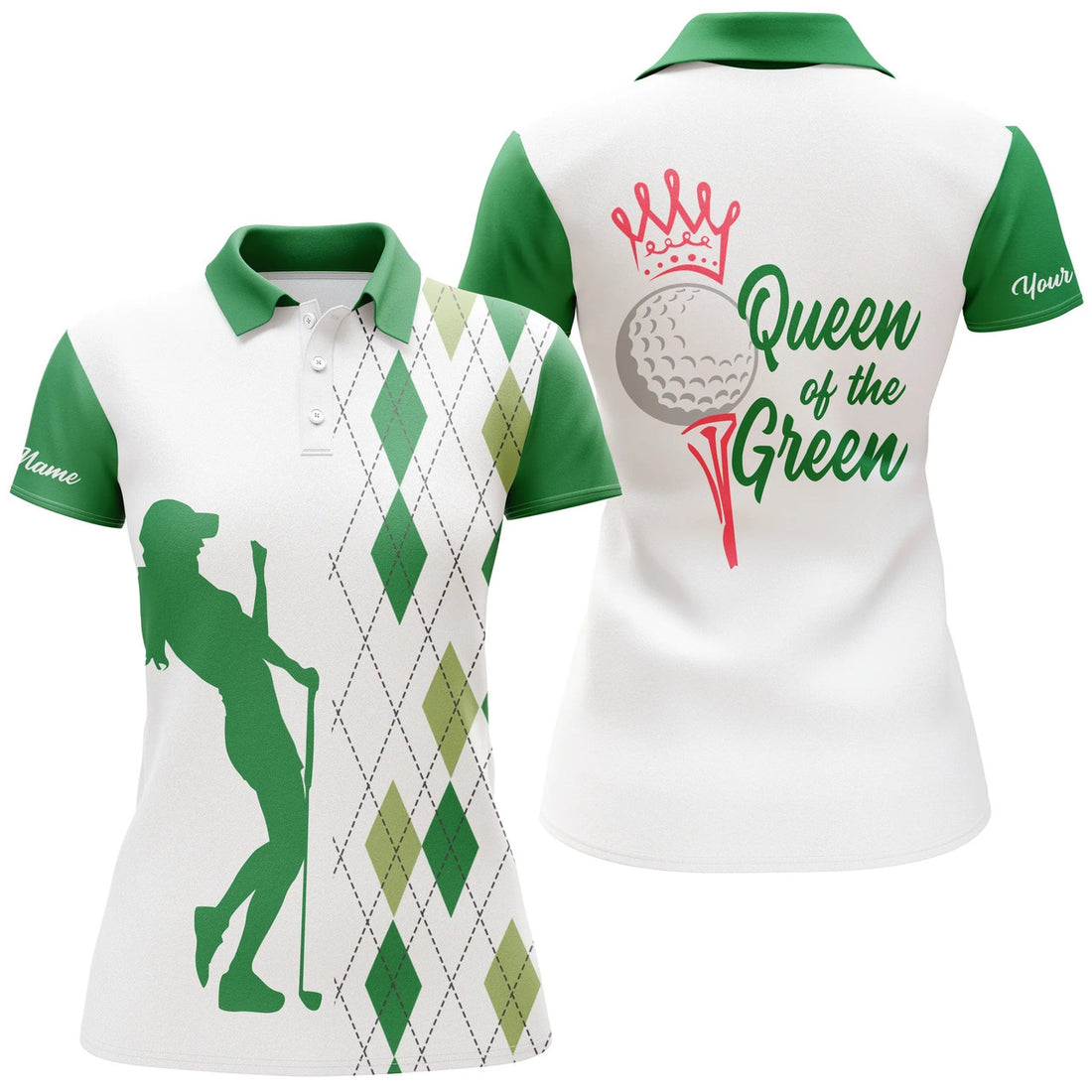Custom Funny Womens Golf Polo Shirt Queen Of The Green Custom Argyle Plaid White Green Golf Shirts For Women