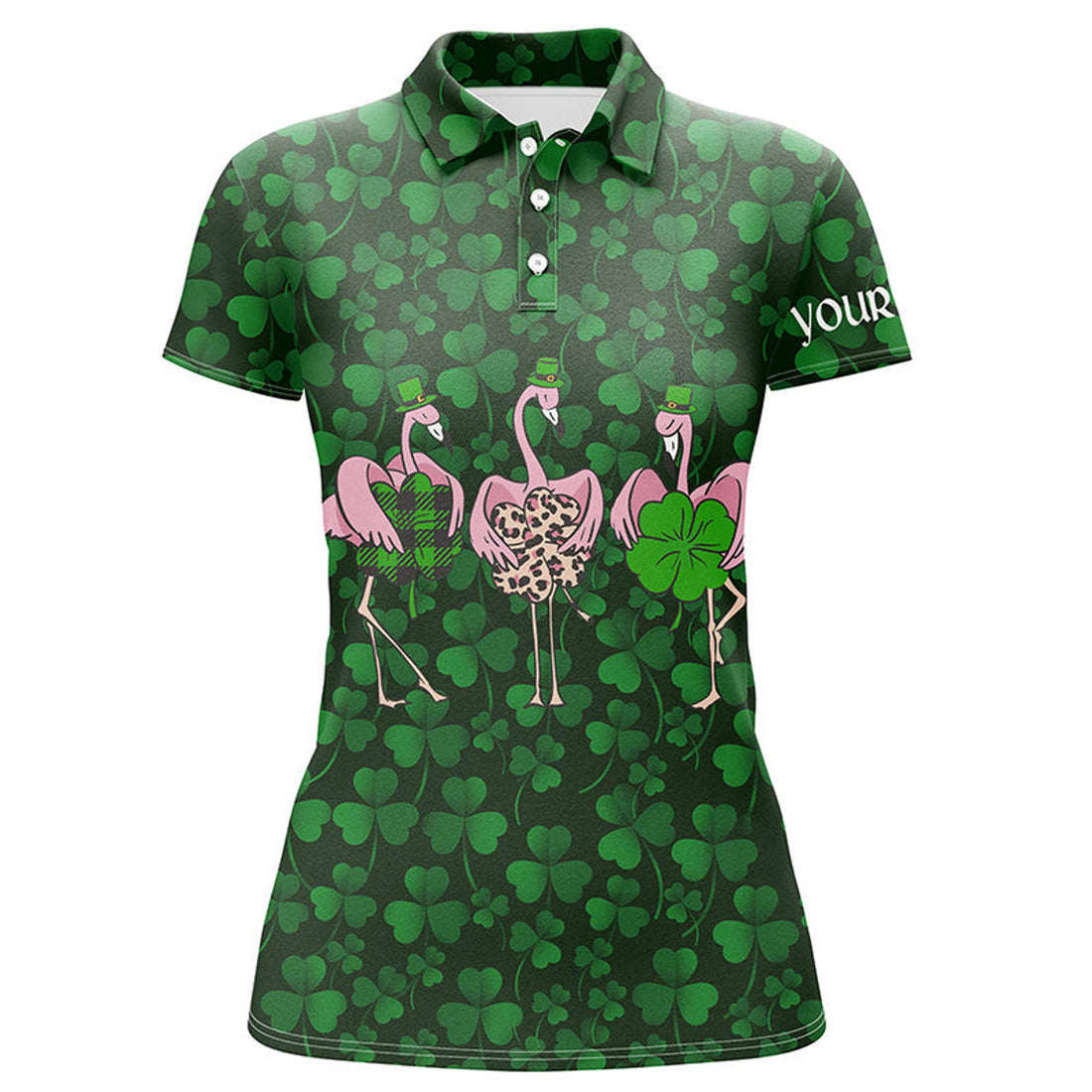 Custom Funny Womens Golf Polo Shirt Green Clover St Patrick Day Background Custom Flamingo Golf Friends, Perfect Gift For Women