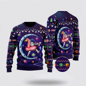 FUNSTUFFPRINT Funny Astronauts Sit On Flamingo Floats In Space With The Planet Ugly Christmas Sweater – Christmas Gifts For Frends Ugly Sweater