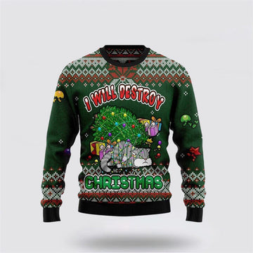 FUNSTUFFPRINT Funny Cat I Will Destroy Christmas Ugly Christmas Sweater For Men And Women, Best Gift For Christmas, Christmas Fashion Winter Ugly Sweater