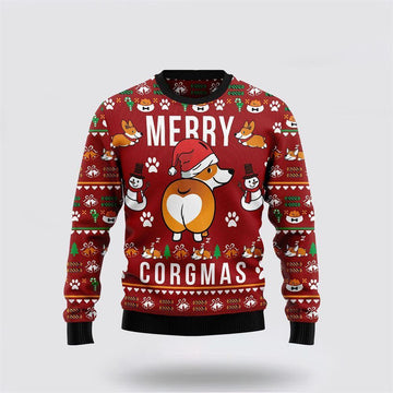 FUNSTUFFPRINT Funny Corgi Merry Corgmas Ugly Christmas Sweater 3D – Pet Lover Christmas Sweater Ugly Sweater
