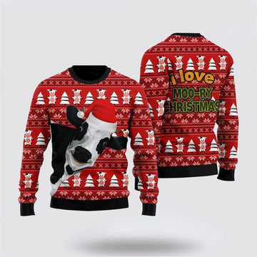 FUNSTUFFPRINT Funny Cow I Love Moo-ry Christmas Ugly Christmas Sweater, Farm Sweater, Christmas Gift, Best Winter Outfit Christmas Ugly Sweater