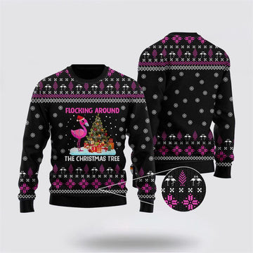 FUNSTUFFPRINT Funny Flamingo Flocking Around The Christmas Tree Ugly Christmas Sweater – Sweater Gifts For Pet Lover Ugly Sweater