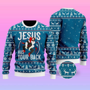 FUNSTUFFPRINT Funny Jesus Has Your Back Jiu Jitsu Ugly Christmas Sweater For Men & Women - Best Gift For Christian - Christian Shirt Ugly Sweater