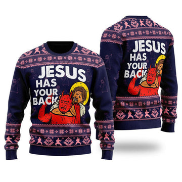 FUNSTUFFPRINT Funny Jesus Has Your Back Ugly Christmas Sweater For Men & Women - Best Gift For Christian - Christian Shirt Ugly Sweater