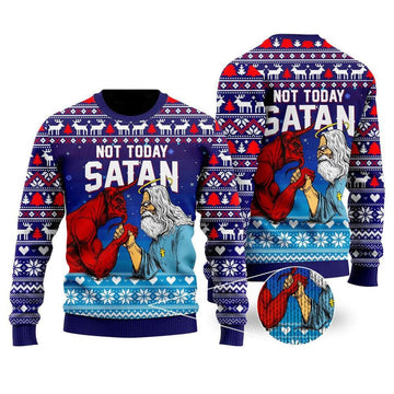 FUNSTUFFPRINT Funny Jesus Not Today Satan Ugly Christmas Sweater For Men & Women – Gifts For Christians Ugly Sweater