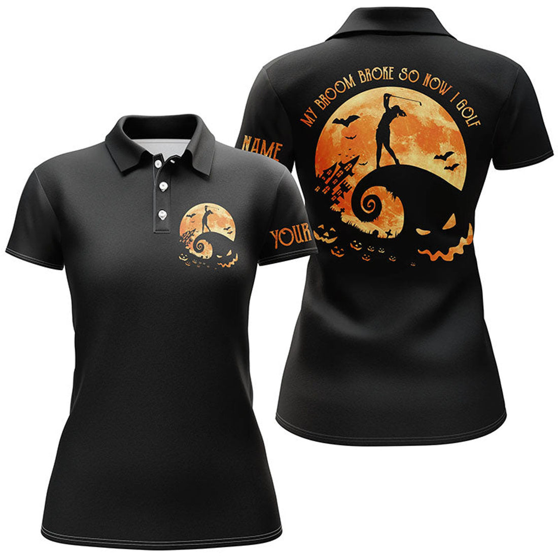 Custom Funny Black Halloween Golf Shirt Custom Name Women Golf Polo Shirt - My Broom Broke So Now I Golf