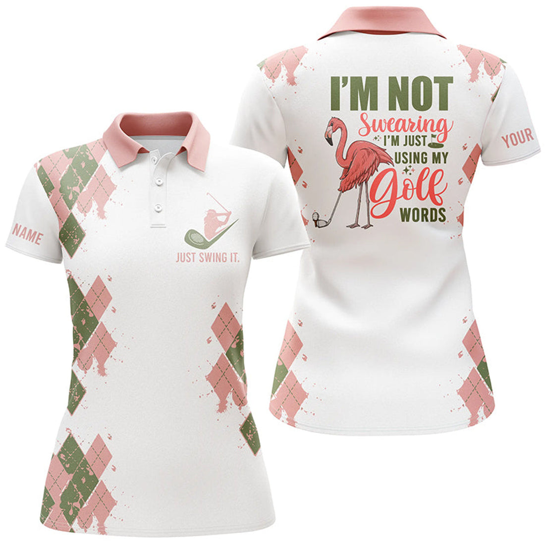 Custom Funny Flamingo Womens Golf Polos Shirts Custom Name I'm Not Swearing, I'm Just Using My Golf Words, Perfect Gift For Women